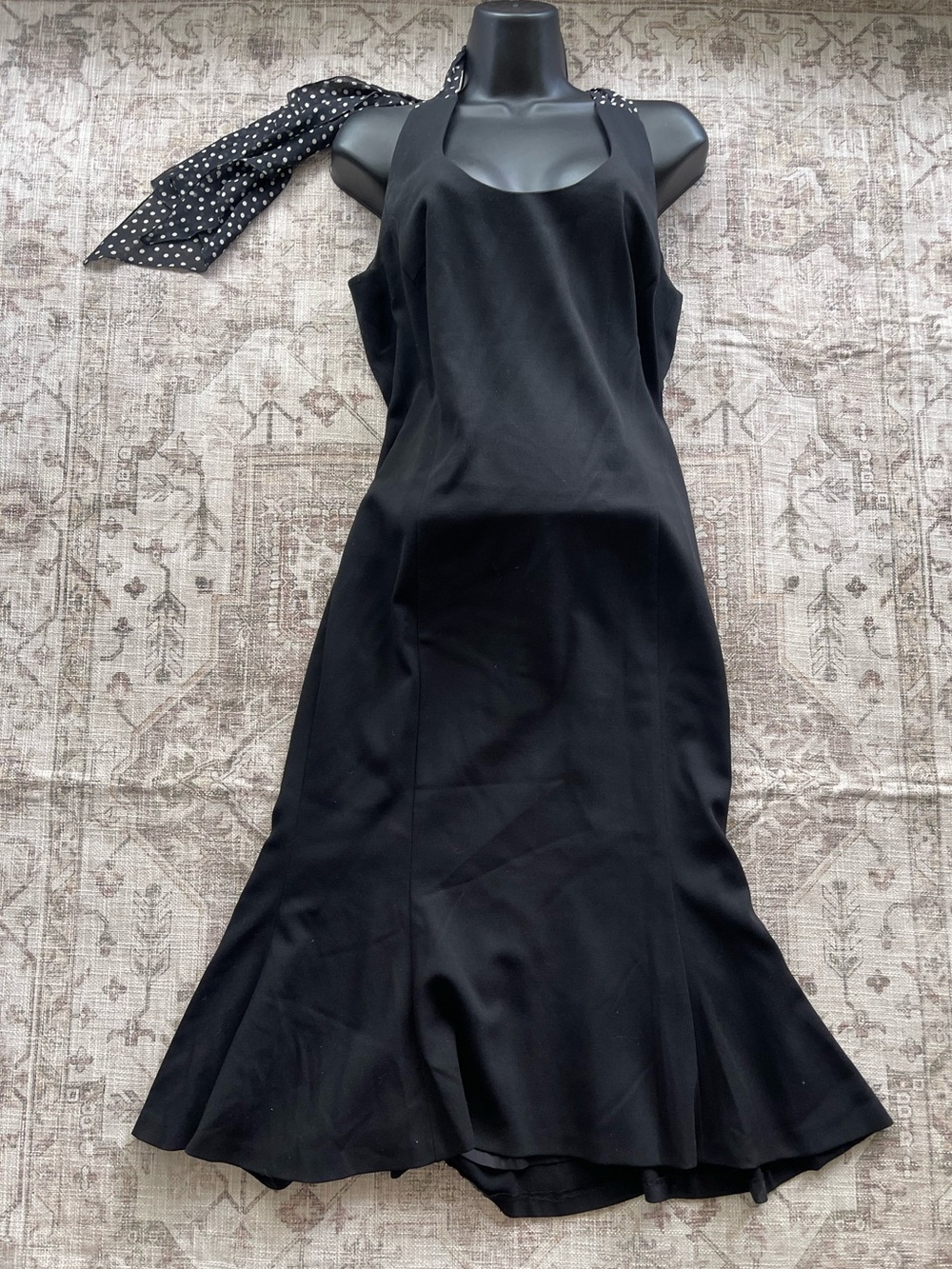 Escada Black Halter Polka Dot Neck Toe Midi Dress with Flare Hem